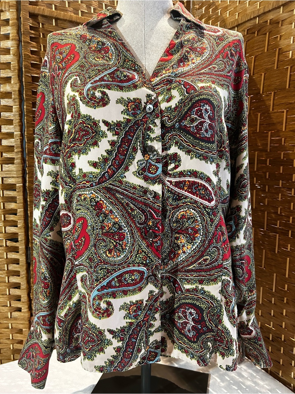 Talbots Pure Silk Paisley Button Front Blouse Size 16 Vintage Inspired